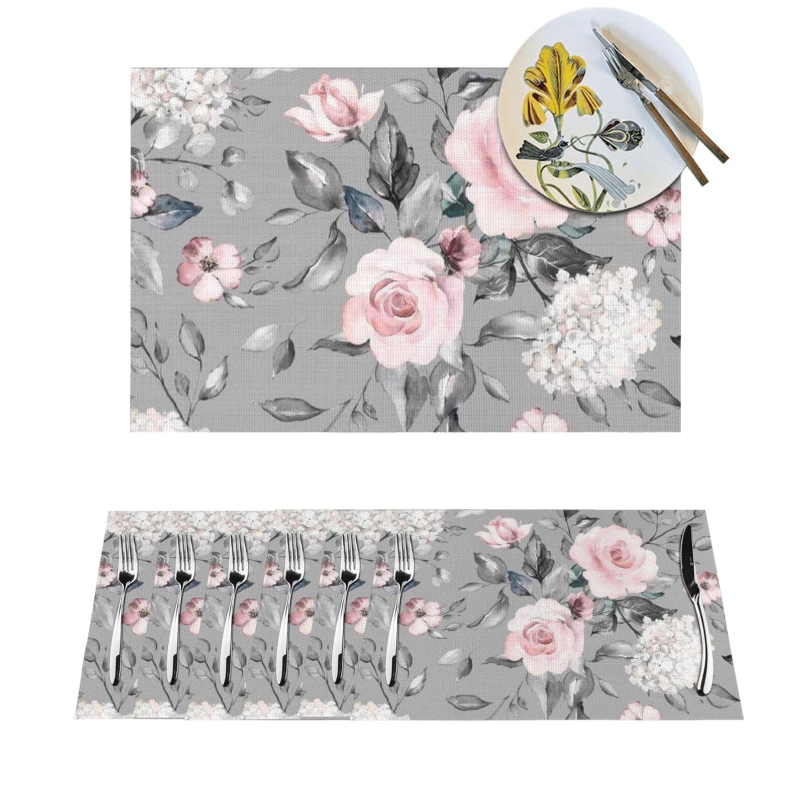 Sets de table tissés motif roses et feuilles imperméables pour salle à manger
