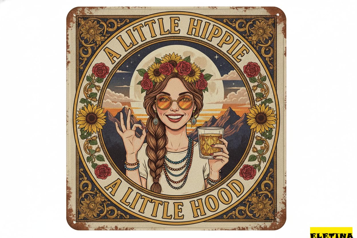 Personalized Sign for Man Cave A Little Hippie A Little Hood Metal 8x12in Eclectic Plaque Bedroom Wall Decor Unique Gift Private Property Decorative