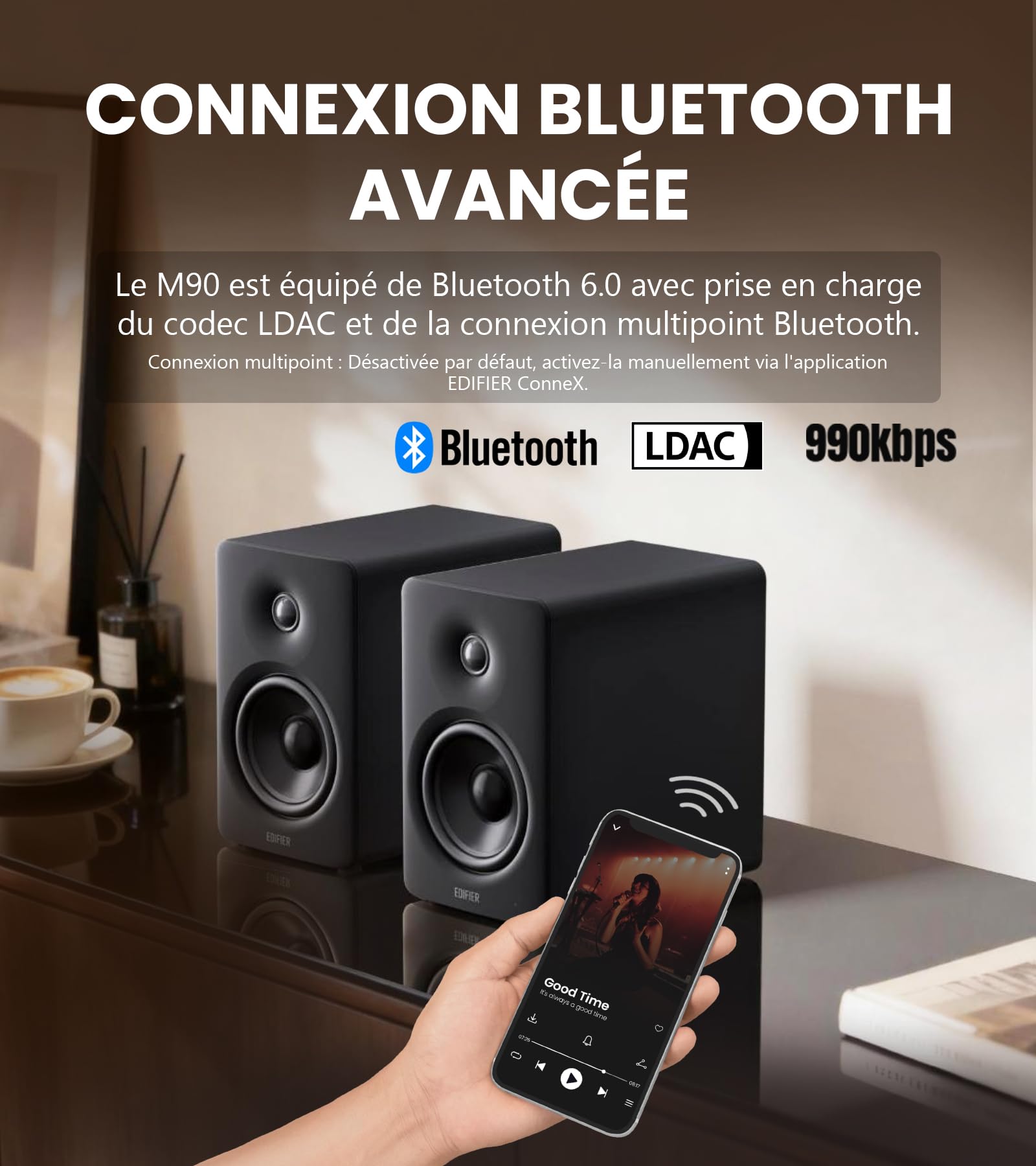 Edifier M90 Enceintes de bibliothèque, 100W RMS, Hi-Res Audio, LDAC, Bluetooth 6.0, HDMI eARC, Optique, USB-C, AUX, Sortie Caisson, télécommande-Noir
