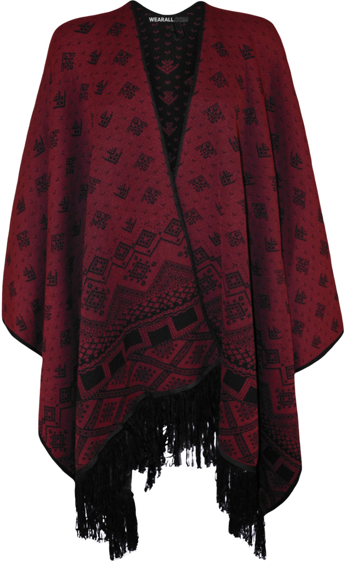Wearall Women's Wine Plus Size Print Tassel Poncho Shawl Knitted Wrap Cape - 12-30