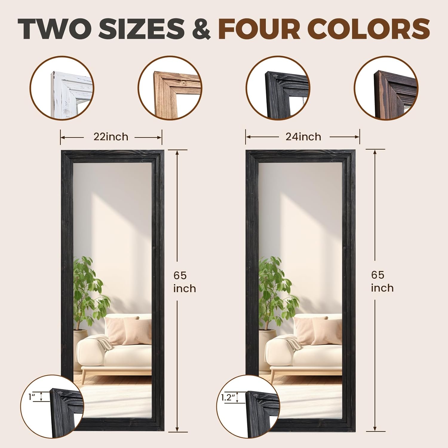 65"x22" Full Length Mirror Solid Wood Frame Floor Mirror with Stand for Living Room, Bedroom Hanging Standing or Leaning, Black