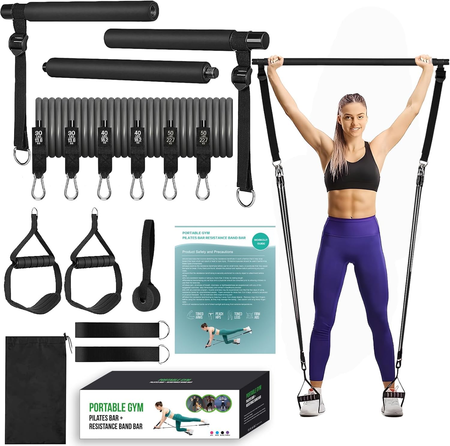 KRTOYUST® Kit de Barre de Pilates,Kit Elastique Musculation,Barre Elastique Musculation de Smart Workout pour Homme et Femme (30.40.50 lbs, Noir)