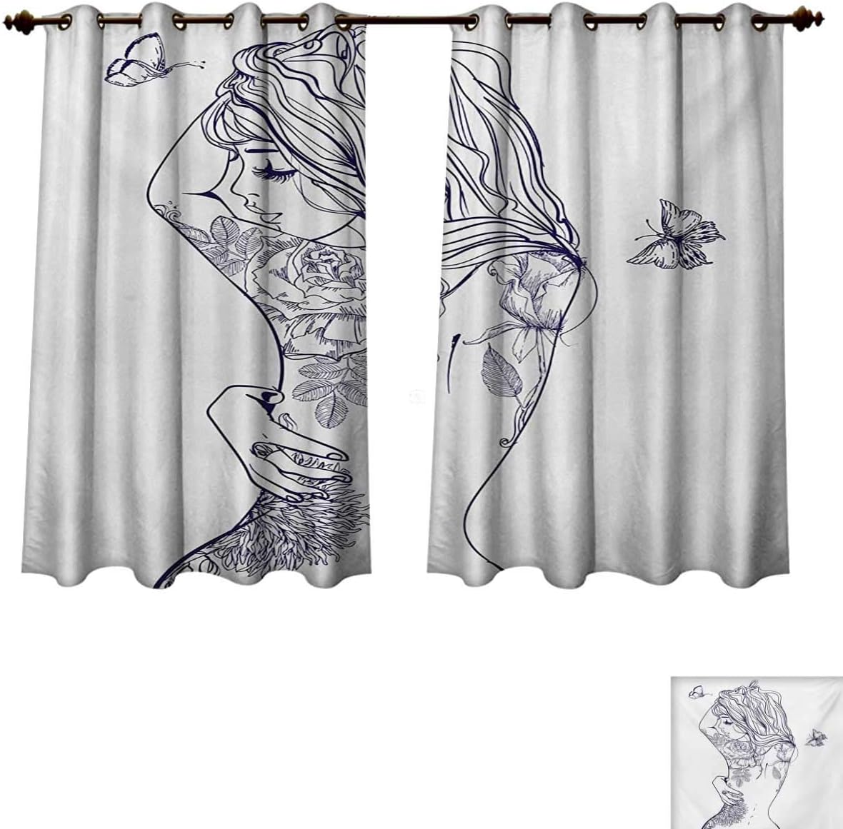 Girls Blackout Thermal Backed Curtains for Living Room Young Girl with Tattoos and Butterflies Free Your Soul Inspired Long Hair Feminine Customized Curtains Purple White W55 x L72 inch