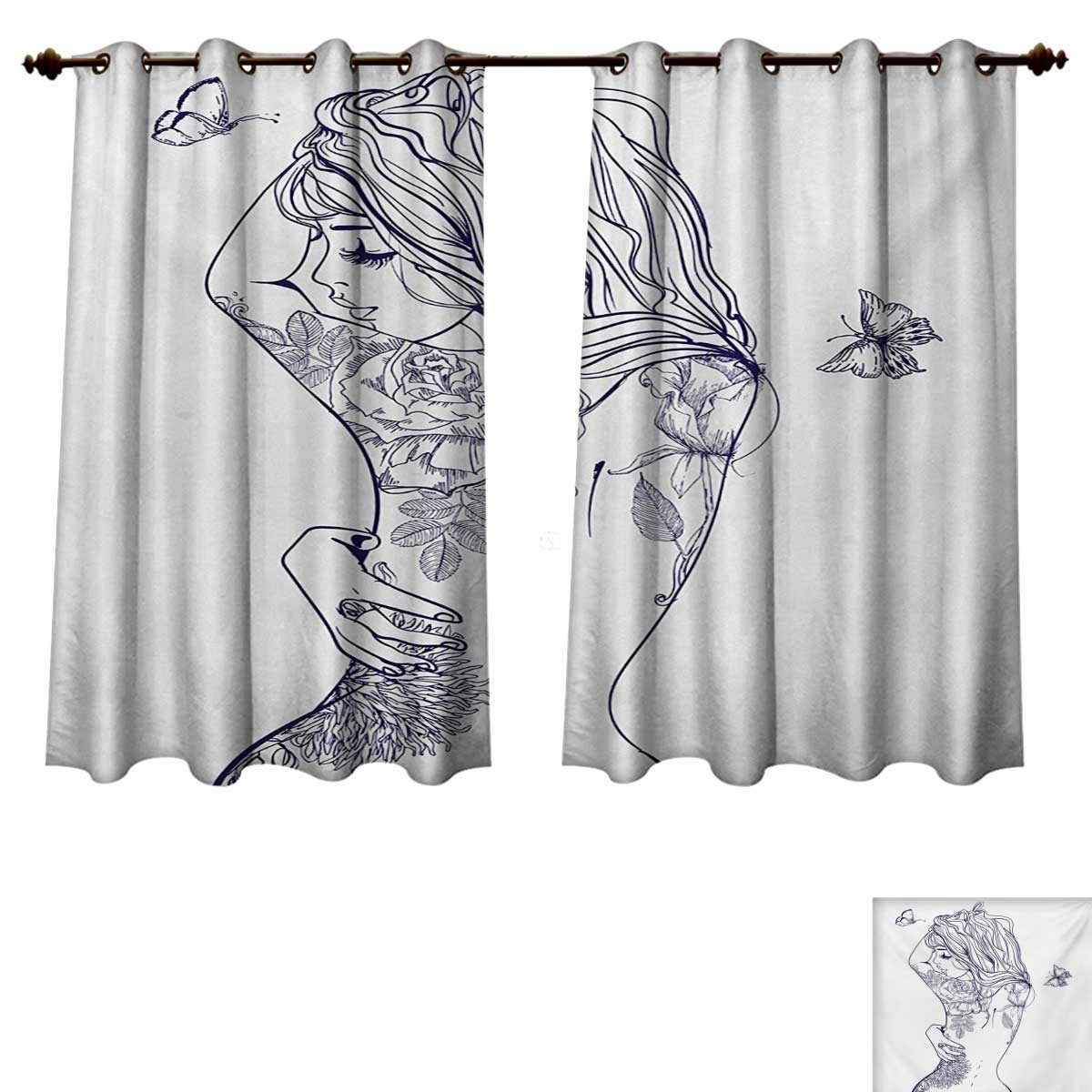 Girls Blackout Thermal Backed Curtains for Living Room Young Girl with Tattoos and Butterflies Free Your Soul Inspired Long Hair Feminine Customized Curtains Purple White W55 x L72 inch
