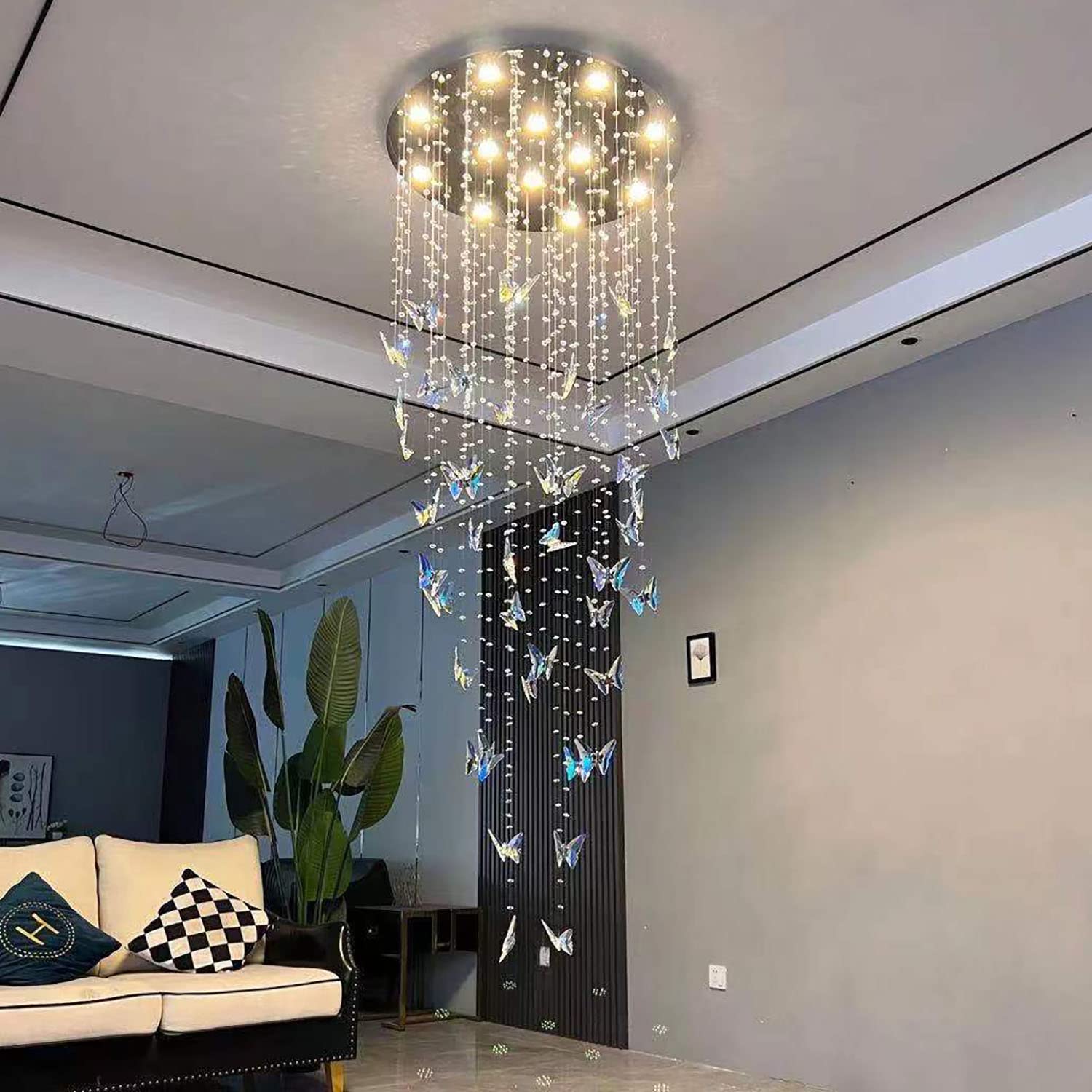 108'' Modern K9 Crystal Butterfly Chandelier Long Staircase Crystal Rainrdop High Ceiling Chandeliers Large Chandelier for Foyer Entrance Dimmable 3000-6000K