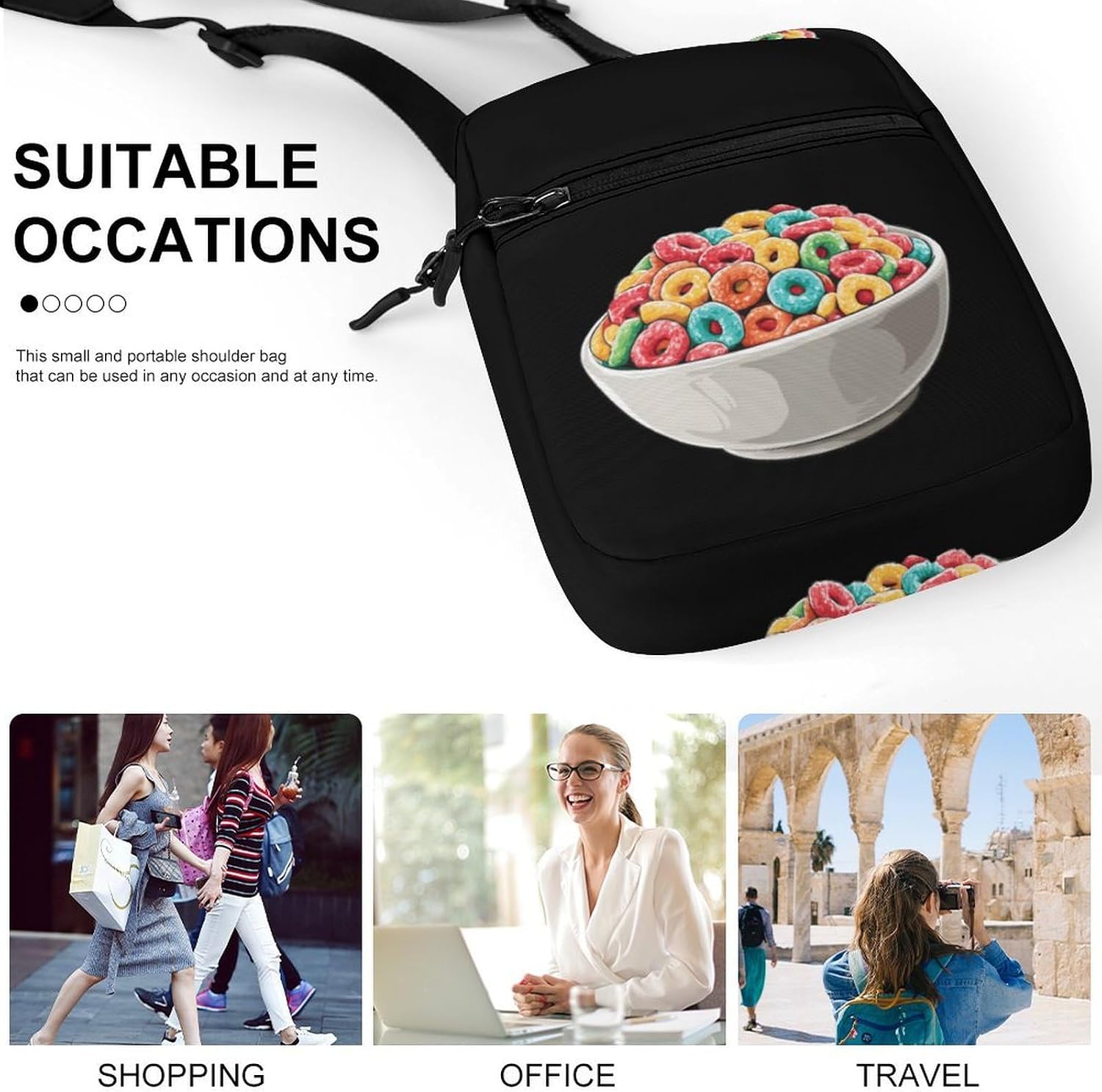 Bowl Filled Cereals Loops Small Crossbody Bag Sling Shoulder Satchel | for women men,work travel workout,detachable and adjustable shoulder strap