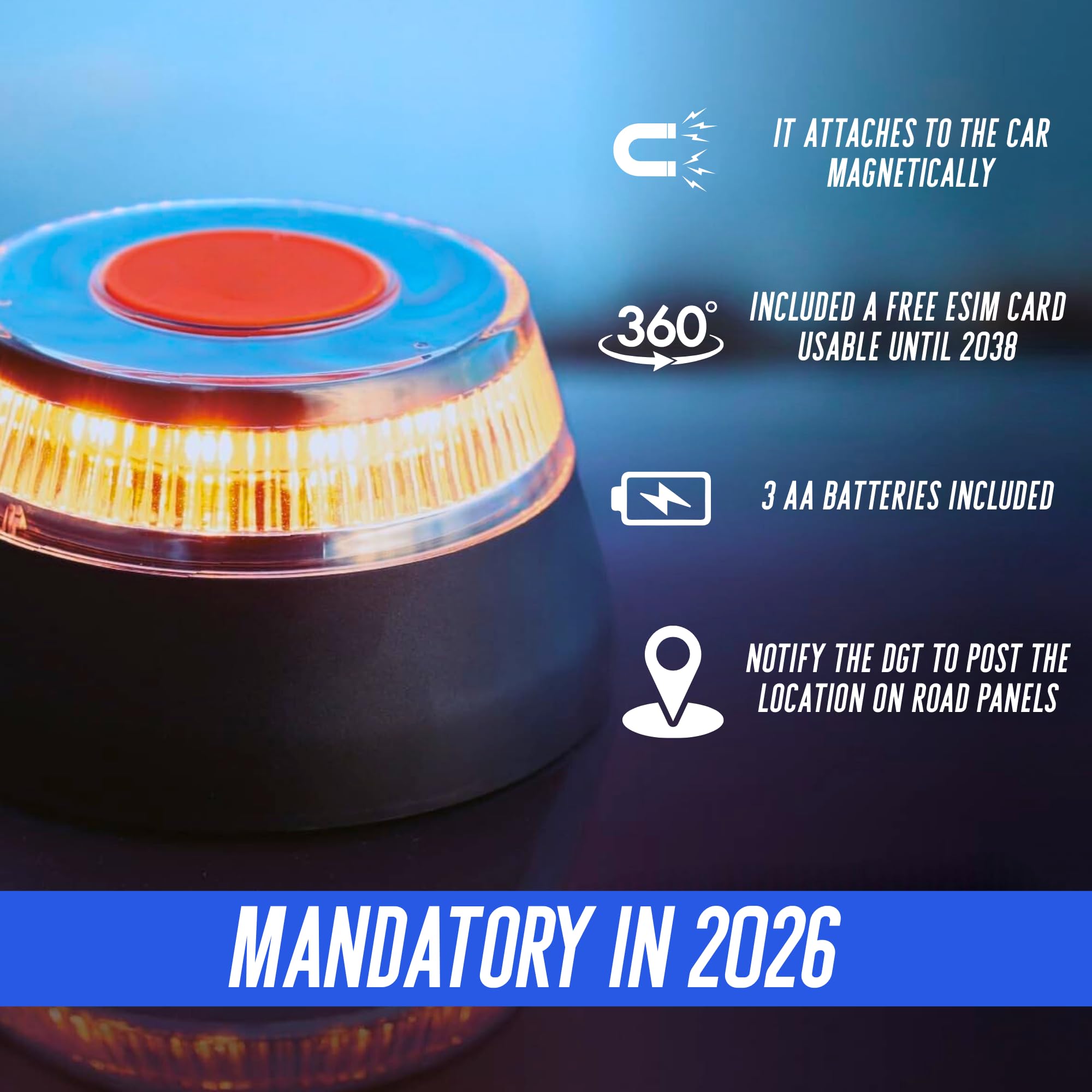 MAGIC SELECT 4X Luz Emergencia V16 Homologada por DGT con Geolocalización para Señalización en Carretera de Vehículo, Coche y Moto. Base Imantada, 3 Pilas AA Incluidas.