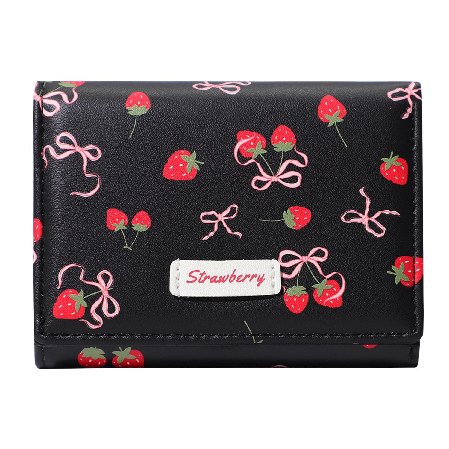 Modacarry Small Cute Wallet with Strawberry Coquette Bow Print ID Credit Card Holder for Women Girls (BLACK)