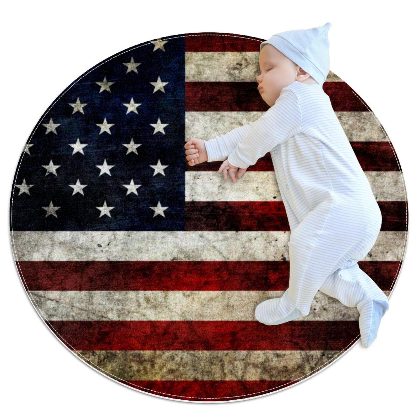 Tapis de jeu pour enfants JDEZ rond 80x80 cm au motif drapeau américain et animaux
