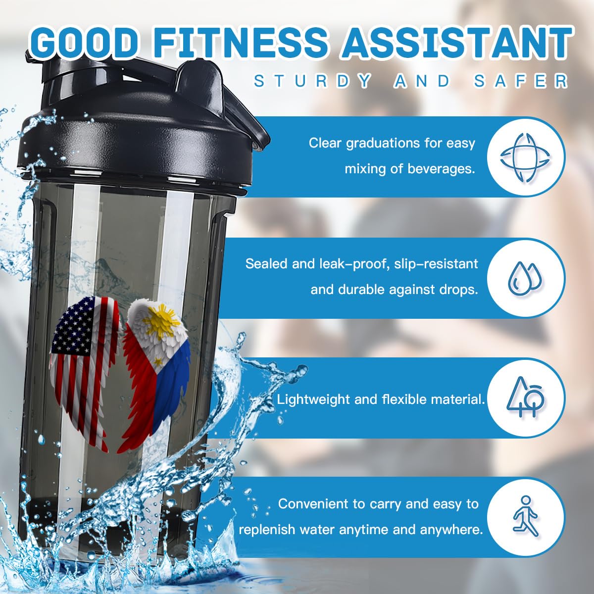 Wings America And Philippines Flag 18 Ounce Shaker Cup,Fashion Theme Pattern Shaker Bottle Leak-proof Workout Shake Bottles 500ML/18 oz Perfect for Pre Workout Black 0