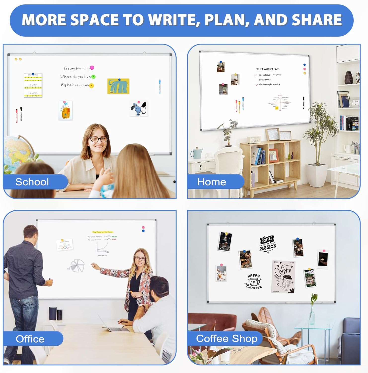 WALGLASS Large White Board, 72" x 40" Double-Sided Dry Erase Board Magnetic Whiteboard for Wall, Hanging Mounted Whiteboard Silver Aluminium Frame for Home, School, Office