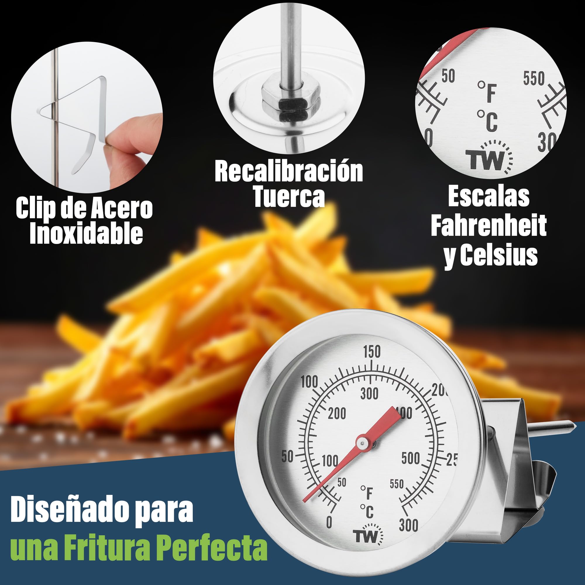 Termómetro de aceite para frituras de acero inoxidable 150 mm con clip para sartén