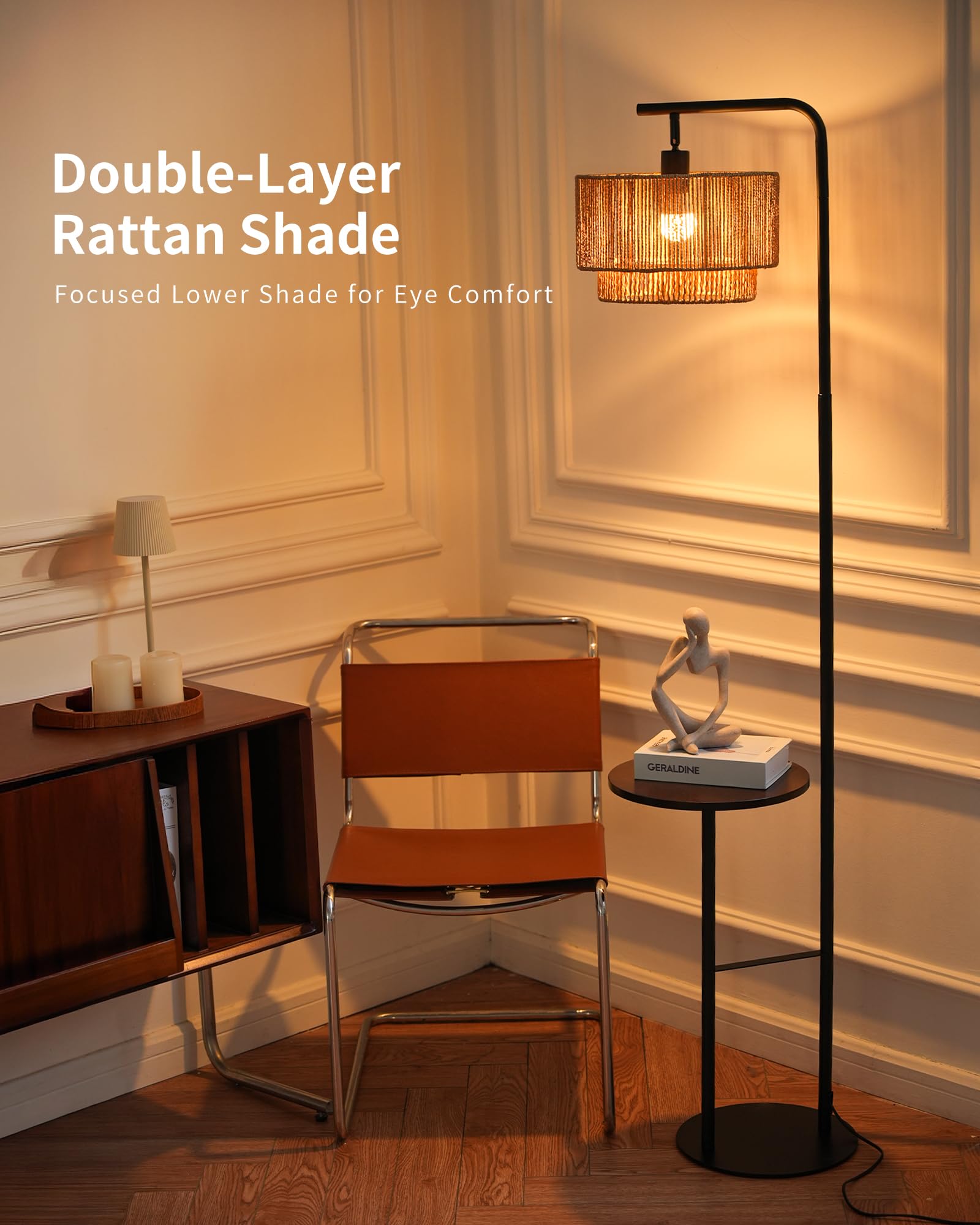 Stehlampe Wohnzimmer Rattan mit Ablage – Vintage Stehleuchte, E27 Standlampe Boho mit Verstellbar Lampenkopf, 3 Farbtemperaturen per Fußschalter, H170cm für Schlafzimmer WOVI FL12