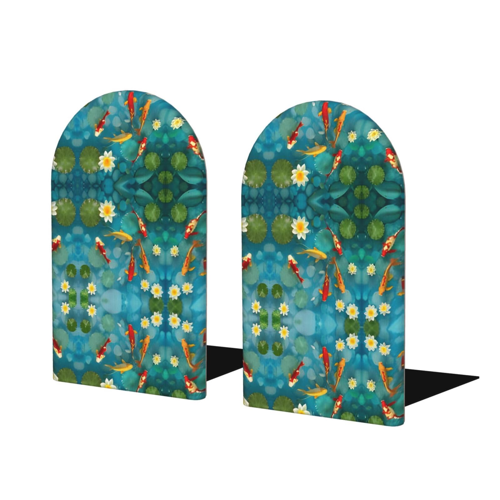 Japanese Carp Stylish Bookends with Full-Print Design Durable Wooden and Metal Bookend Set for Home, Office