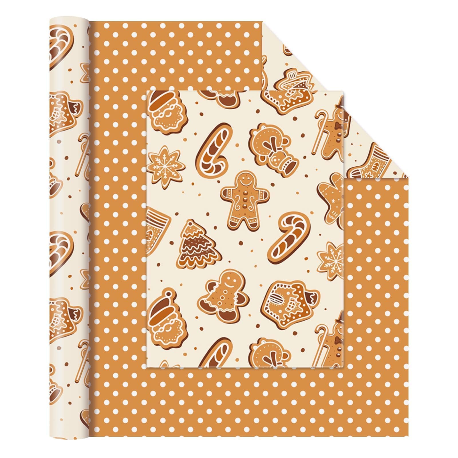 WERNNSAI Christmas Gingerbread Wrapping Paper - 1 Roll 17”x 33 Ft Christmas Wrapping Paper Gingerbread Man Candy Cane Pattern Gift Wrap for Kids Family Friends Xmas Holiday with Polka Dot — image 1