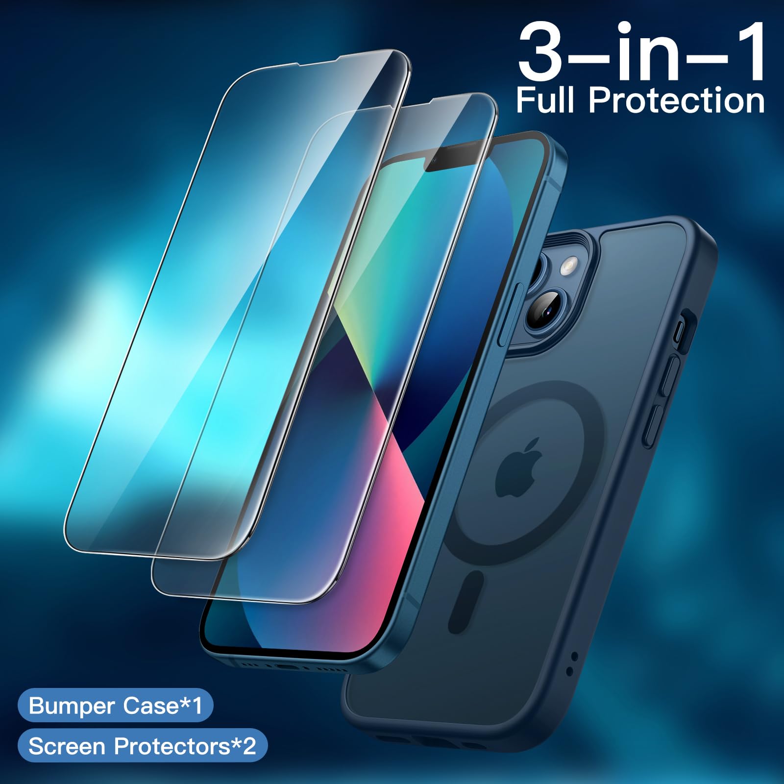 JETech 3 En 1 Coque Magnétique Pour IPhone 13 6,1 Pouces Avec 2 Films Verre Trempé, Compatible MagSafe, Housse Mat Translucide Noir