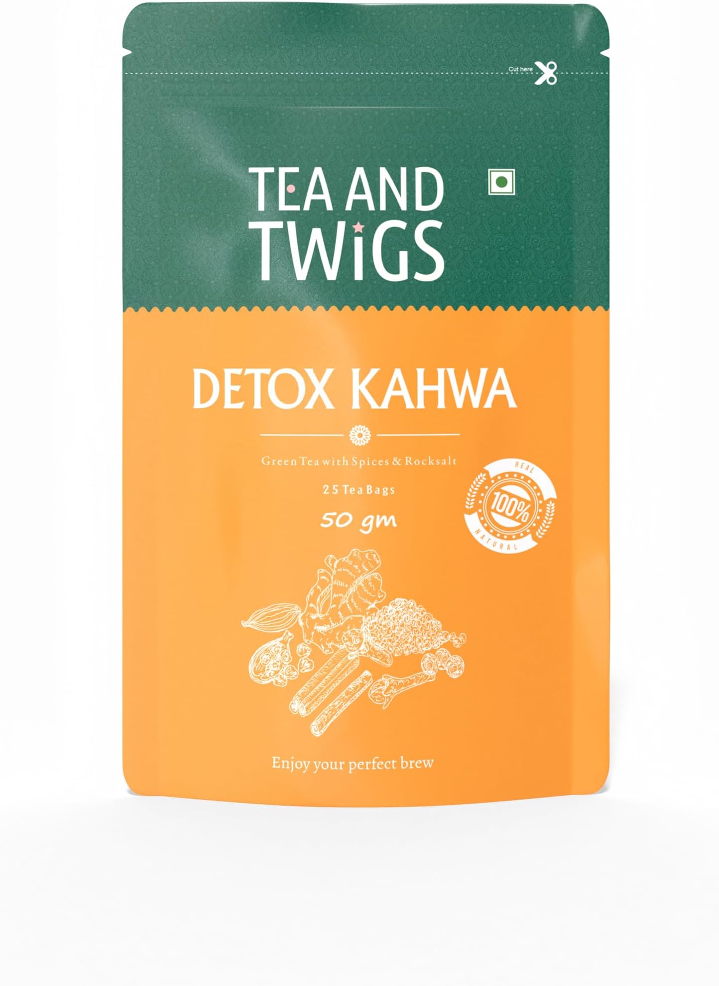 Detox Desi Kahwa Kahwa Green Tea - 25 Pyramid Teabags (50 Grams) - Black Pepper, Tulsi, Ginger, Clove - Cleanse, Cold Relief, Digestion