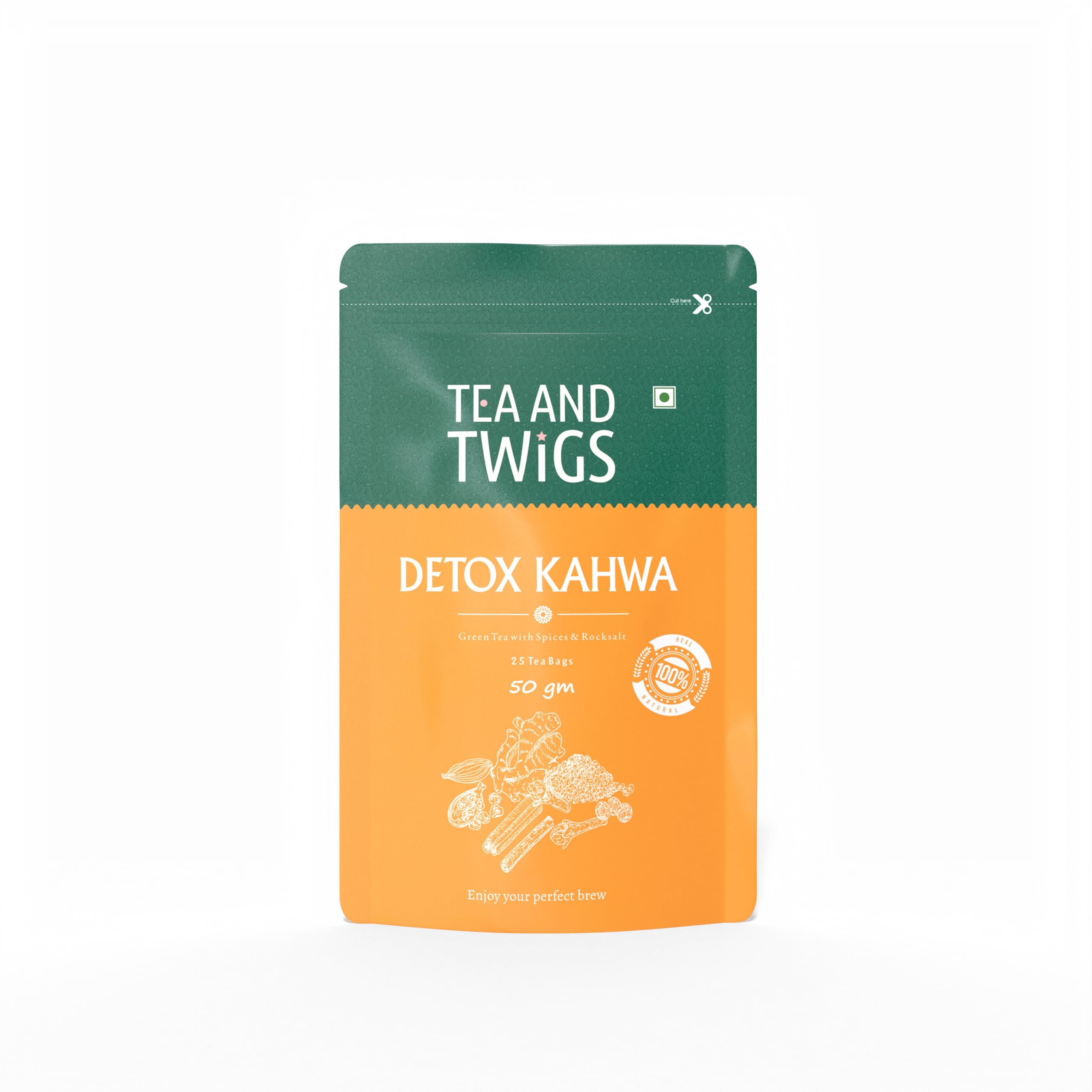 Detox Desi Kahwa Kahwa Green Tea - 25 Pyramid Teabags (50 Grams) - Black Pepper, Tulsi, Ginger, Clove - Cleanse, Cold Relief, Digestion