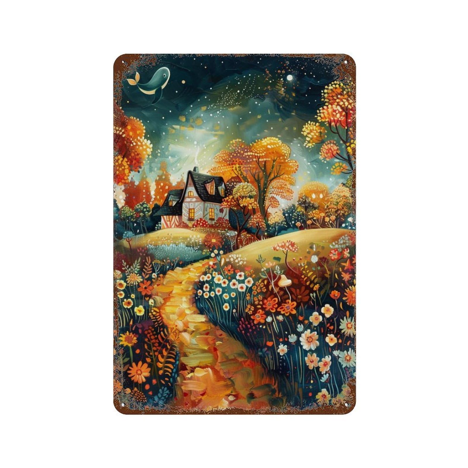 Whimsical Autumn Cottage Scene Weathered Tin Sign 11.8"x7.9", Farmhouse Wall Decor for Garage, Pub Or Kitchen