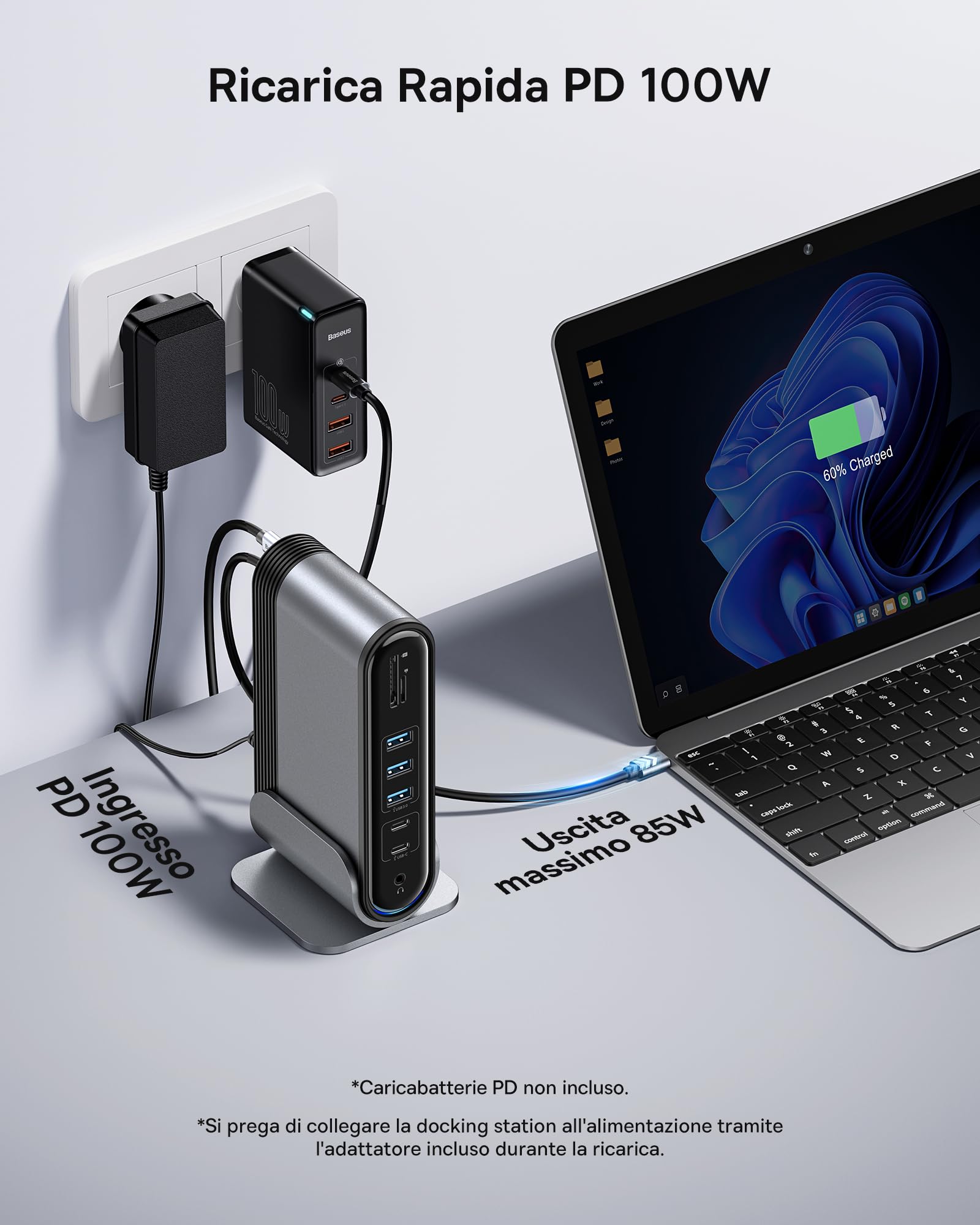 Baseus Docking Station 17 In 1 USB C - Hub Con 3 Monitor 4K, PD 100W, LAN, SD Card Per Laptop - Foto 13