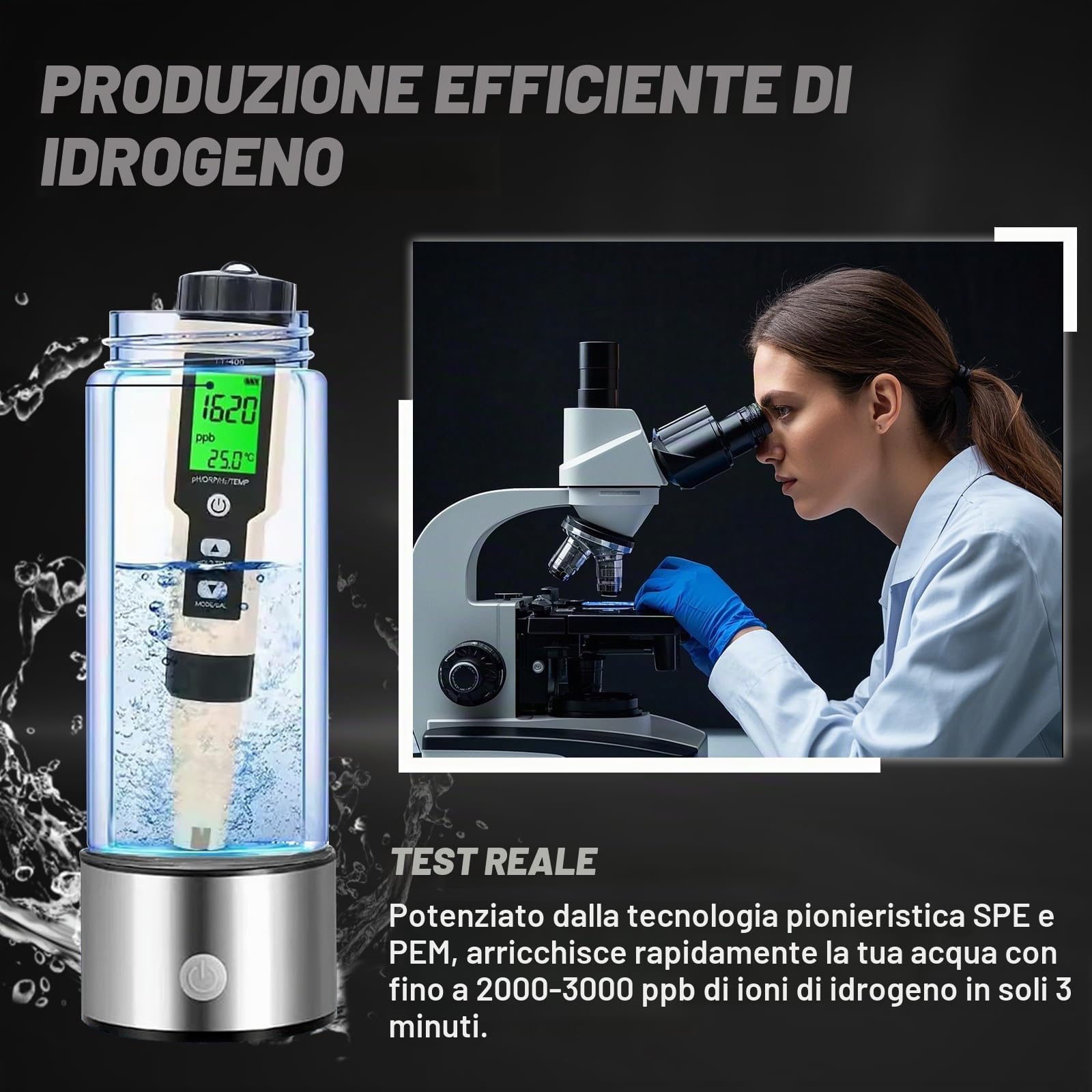 Bottiglia d'acqua idrogenata migliorata, generatore di idrogeno, macchina per acqua idrogenata ricaricabile con tecnologia SPE/PEM, portatile e ricaricabile, vetro, 450 ml (confezione da 2)