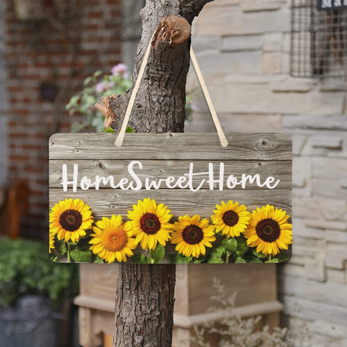 Cartello Benvenuto In Legno Con Girasole - Decorazione Rustica Per Porta Esterna, 20x10cm, Stile Vintage Da Appendere - Foto 6