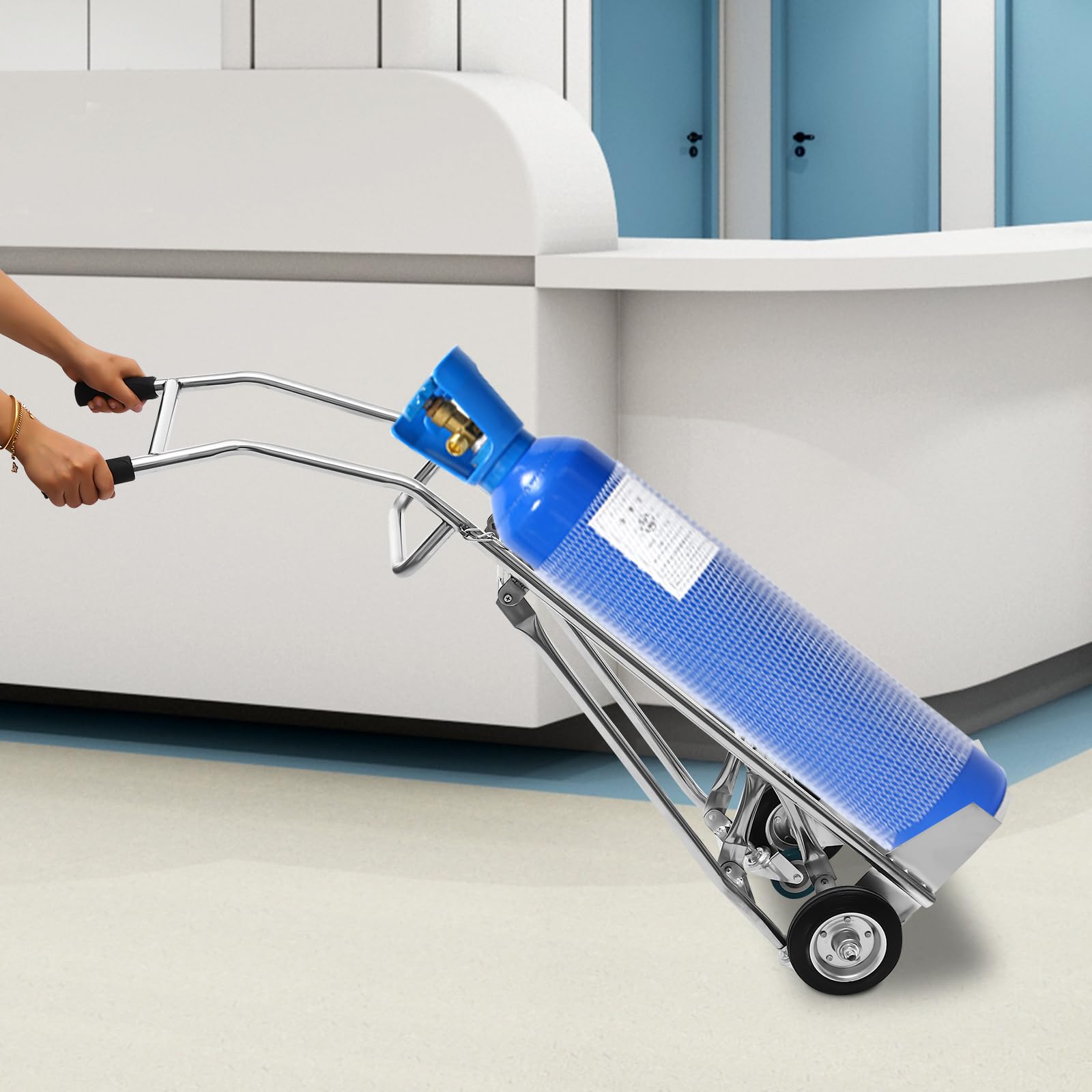 FXEIPOL Oxygen Tank Cart Dolly Stainless Steel Gas Cylinder Cart 10.57Gal Oxygen Cylinder Cart Multi Function Handcart for Factories, Clinics