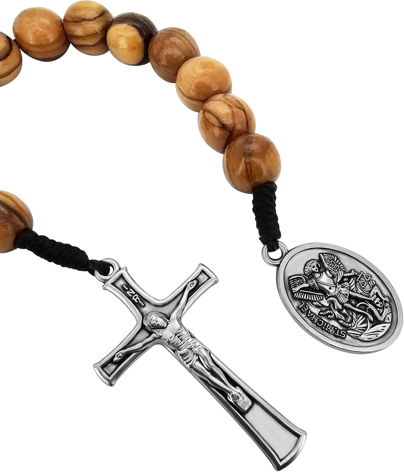 TALISMAN4U Saint Michael Guardian Angel Medal One Decade Prayer Pocket Rosary 10mm Olive Wood Beads Open Style Wooden Tenner Rosaries Handmade Catholic Gift Linen Rosary Pouch - Image 3