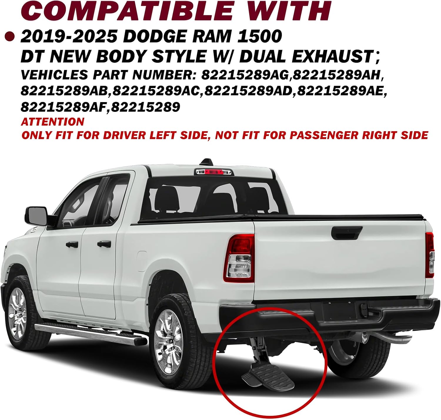 JSBOYAT Rear Bed Step Retractable Bumper Step Compatible with 2019-2024 Dodge Ram 1500 DT New Body Style w/Dual Exhaust, Folding Truck Tailgate Step 82215289AG 82215289AH