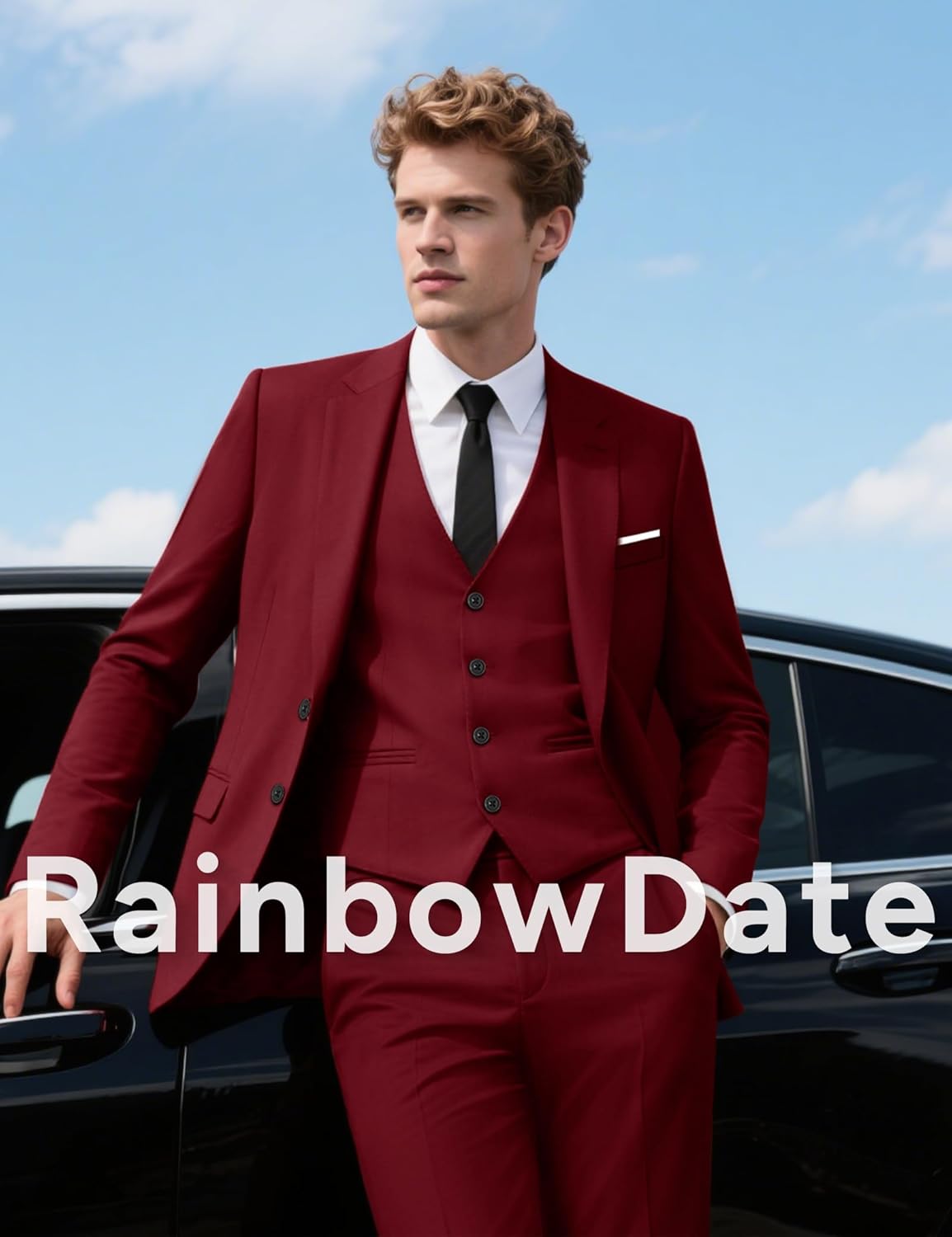 Mens Stretch Suit Slim Fit 3-Piece, 2 Buttons Jacket Vest Adjustable Waist Pants - Image 2