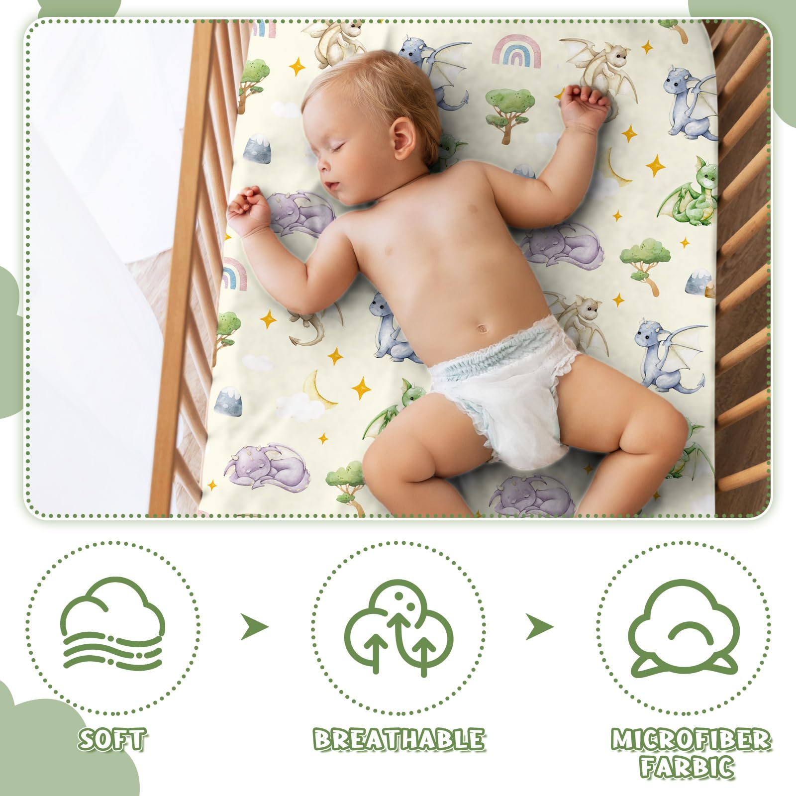 VitalCozy Juego de sábanas de 4 piezas para cuna de dragón en acuarela, ropa de cama para recién nacido, sábanas para bebé para niñas y niños, regalos para bebés estándar de cuna y colchones de niños