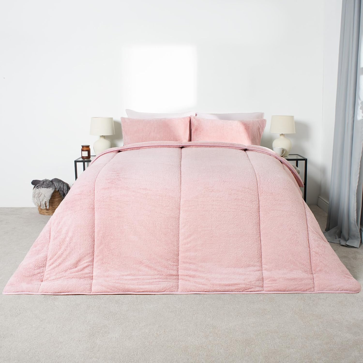 OHS 10.5 Tog Coverless Duvet King Size Teddy Fleece, Pink Coverless