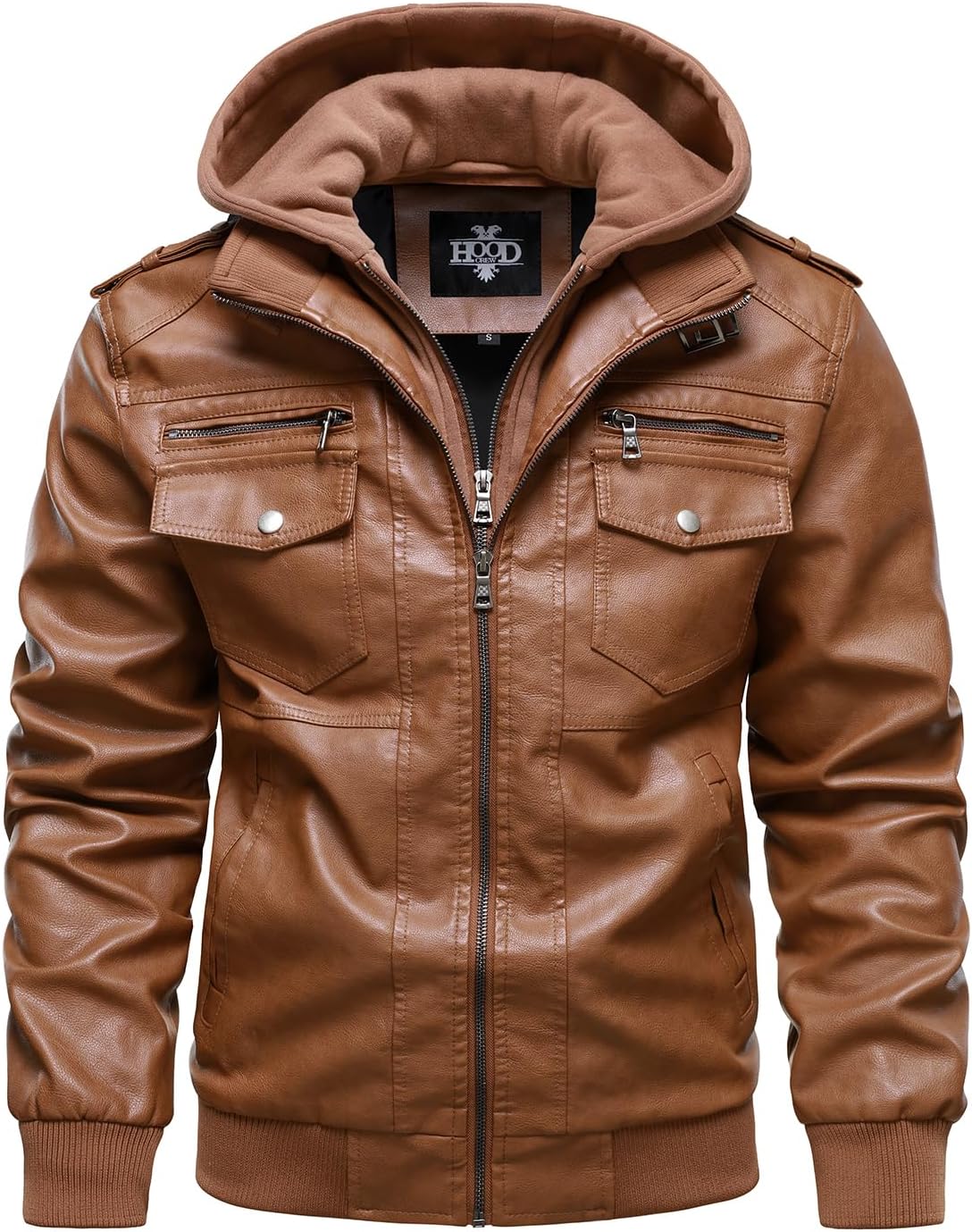 HOOD CREW Men's Faux Leather Hooded Jacket Motorcycle Jackets Water Repellent Windproof PU Moto Vintage Bomber Hoodie Coats