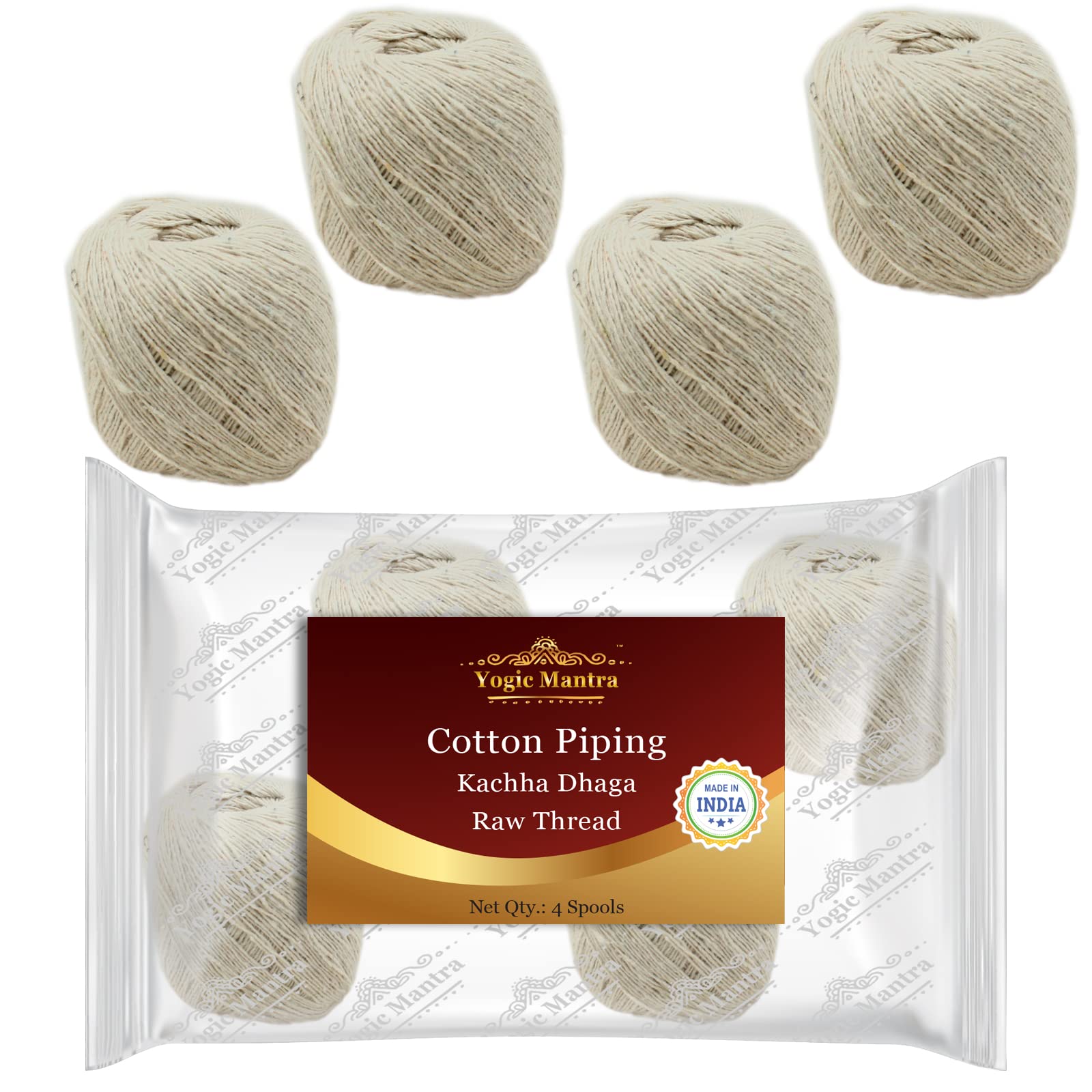 Raw Cotton Piping Thread for Sewing (4 Spools Off-White Color) Toran Thread Roll Kachha Dhaga for Home Pooja, Diwali Puja & Stitching Prayer Decoration Items