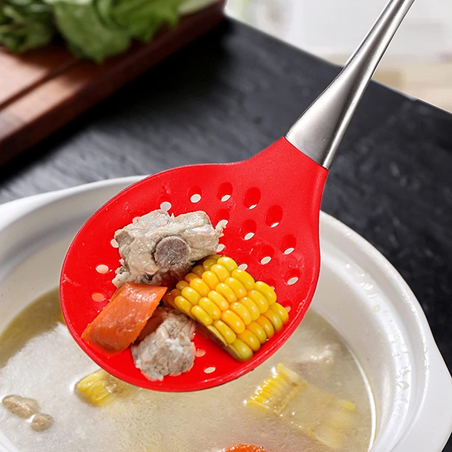 Baskety Premium Silicone Kitchen Utensil Silicone Slotted Skimmer Strainer Spoon with 18/0 Stainless Steel Stay Cool Handle (Red) 1