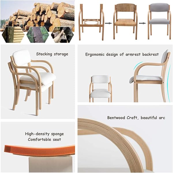 Solid Wood Dining Chairs with Armrests, Upholstered Kitchen Chair, Living Room Chair with Backrest, Modern Office Chair Leisure Lounge Reception Cafe Accent Chairs with - 4