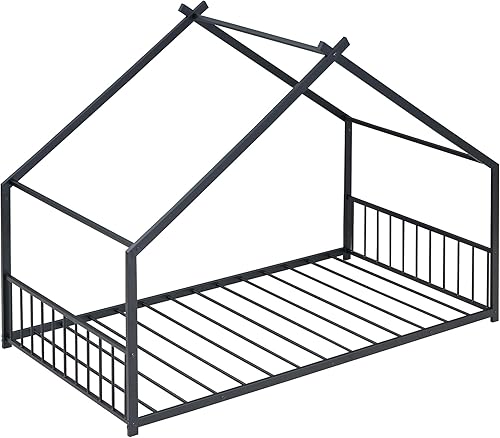 Miniatura 5 de Cama de metal tamaño individual, marco de cama de metal con techo para niños, adolescentes, muebles de dormitorio de niños o niñas, marco de cama de