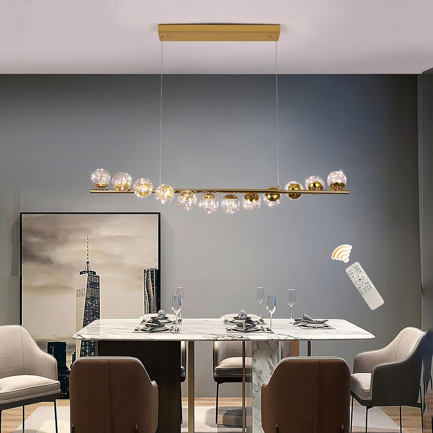 Modern Gold Pendant Light, 47" Dimmable LED Globe Pendant