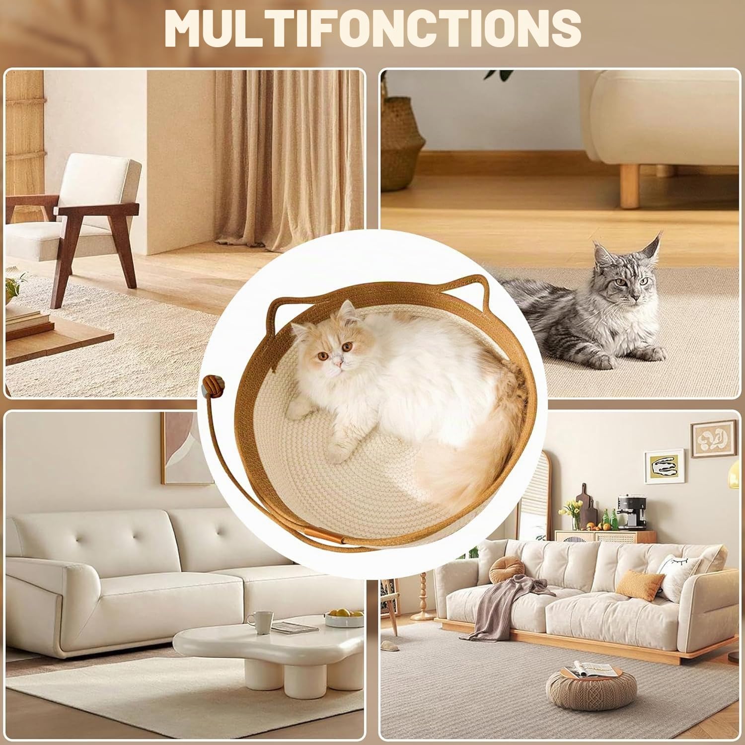 MEISO Lit pour chat intérieur en coton tissé à la main, panier avec queue de jouet, pliable et respirant (M)