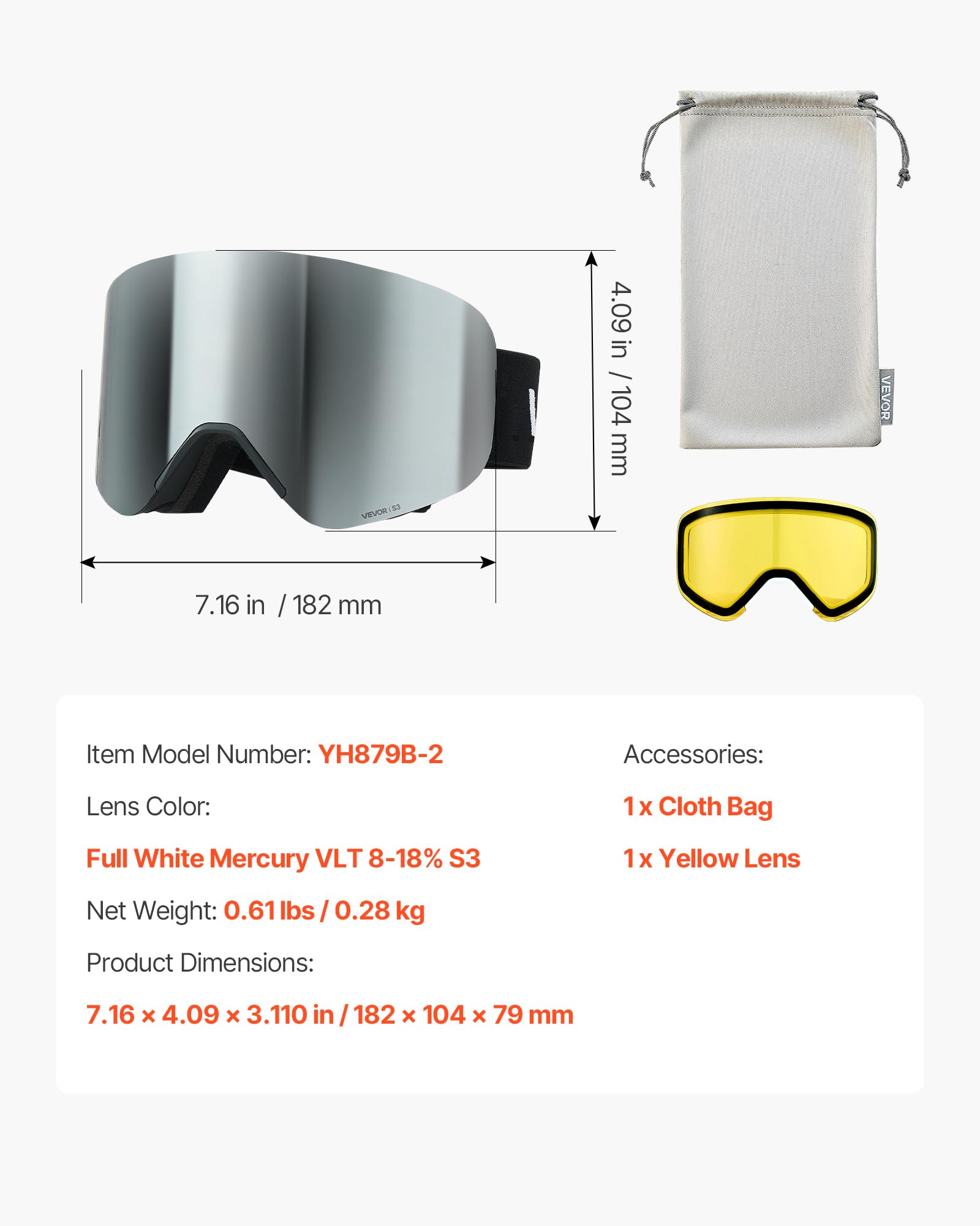 VEVOR Occhiali da Sci Maschera da Sci Revo Rivestimento Argentato, Montatura OTG, 0,28kg, Occhiali da Snowboard, Lenti Cilindriche Magnetiche, Antiappannamento, per Motocross da Neve