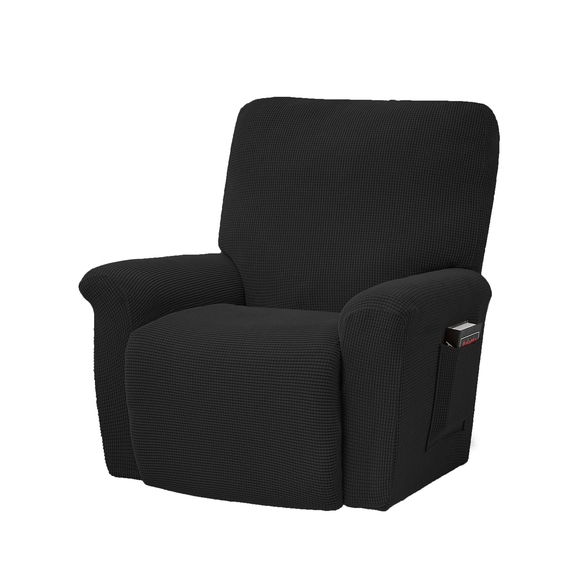 BEIWOSHA Stretch Recliner Chair Covers, 4-Piece Soft Sofa Cover Thick Single Seat Couch Cover Jacquard Recliner Slipcover with Pocket(Black)