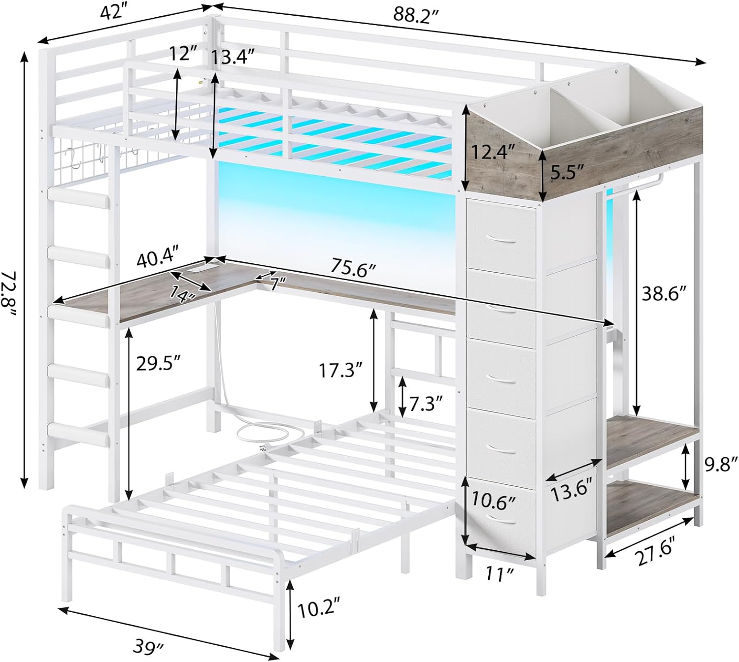 Detailed dimensions of the VIAGDO L-Shaped Bunk Bed