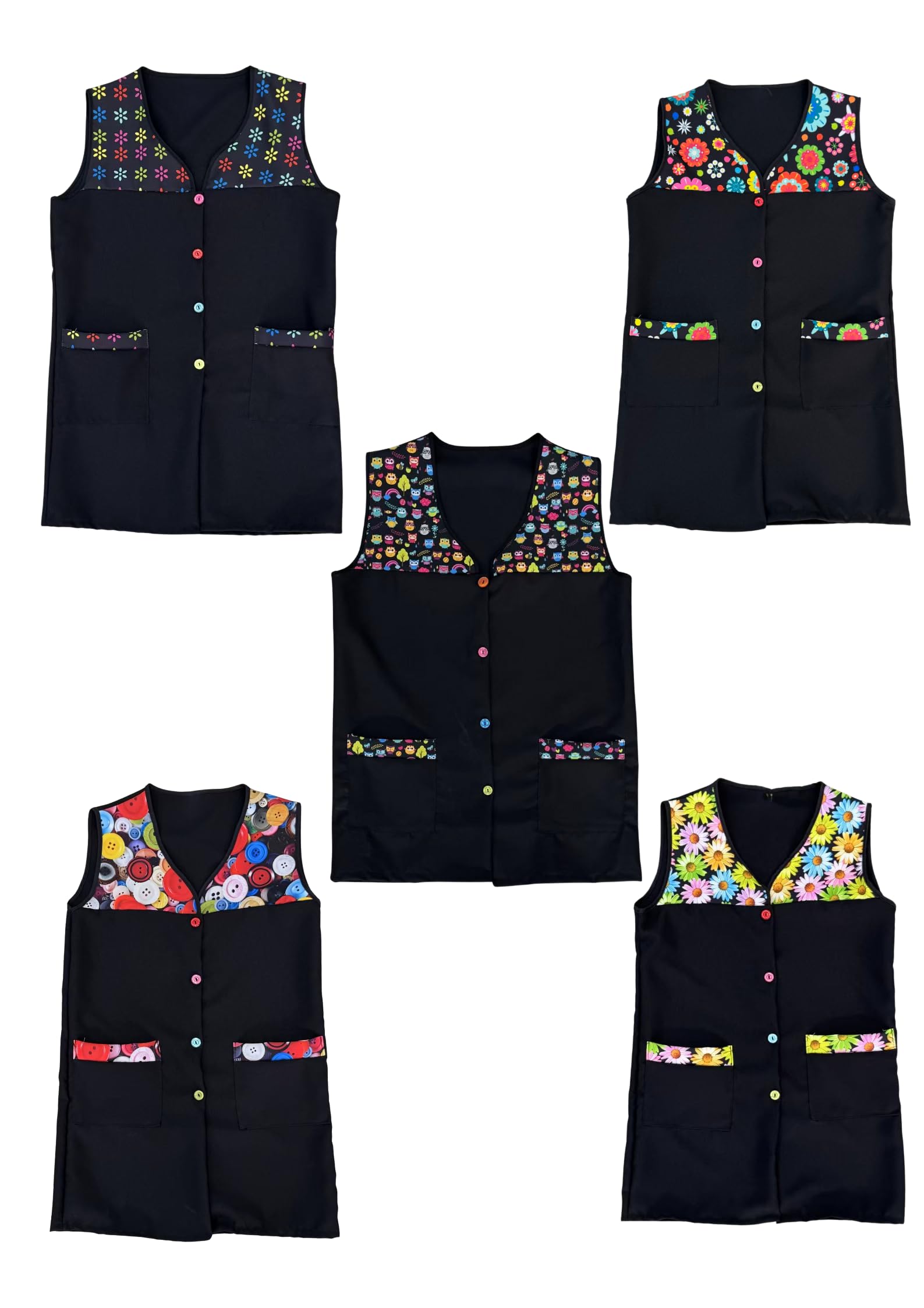 Victory Casaca Escolar Sin Mangas Mujer Botones Multicolor Delantal Mandil Chaleco Estampado Tres Bolsillos Uniforme Maestra Peluquera Auxiliar Limpieza Cuidado Infantil Lavable – SERIE 7061