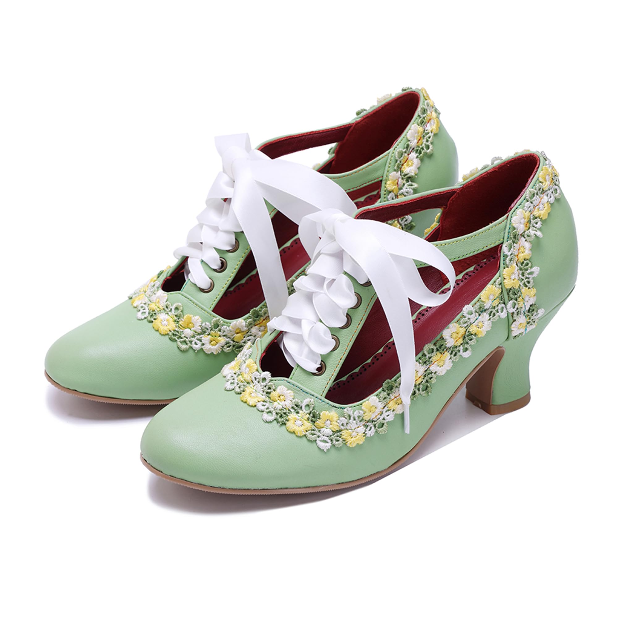 Riutiru Women's Handmade Lambskin Mary Jane Loafers Shoes, Retro Ethnic Print Style and Brock-Style Design