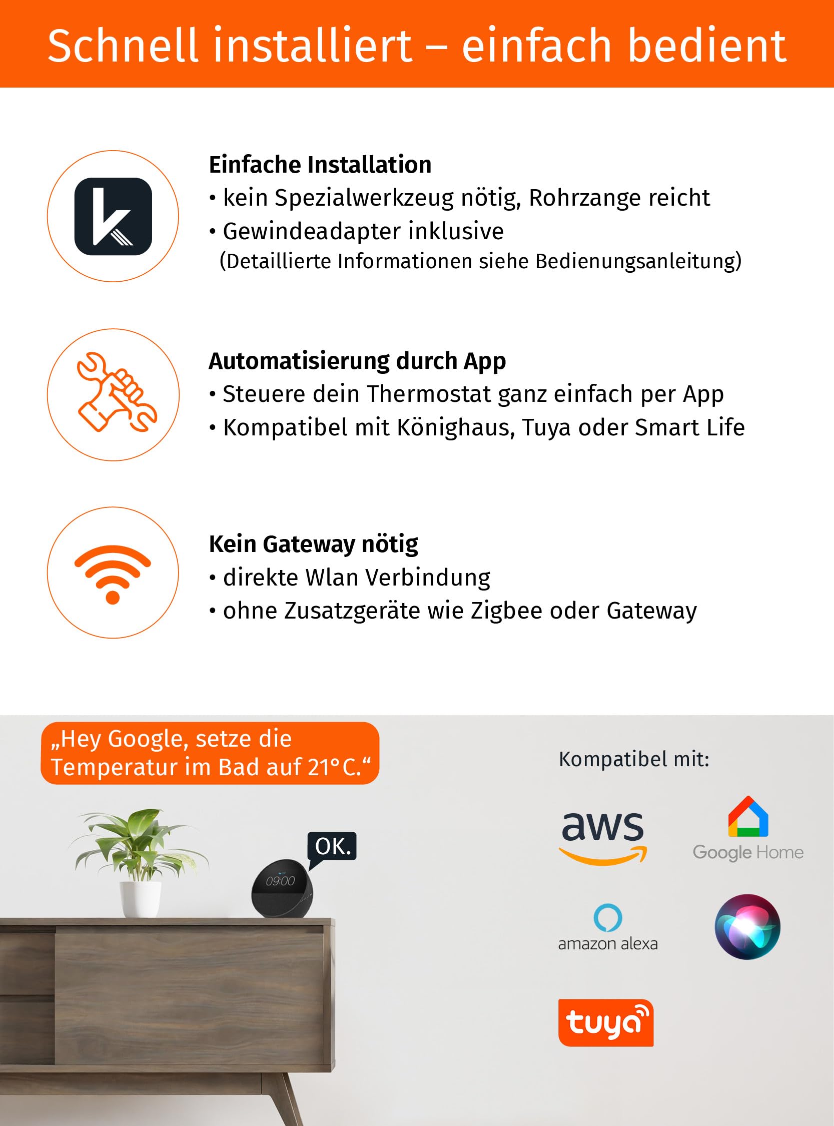 Könighaus Smartes Heizkörperthermostat OHNE Zigbee - Moderne Heizregelung mit App Steuerung ✓ Kompatibel mit Siri, Alexa, Google, Tuya ✓ kinderleichte Bedienung ✓ kein Zigbee oder Gateway nötig