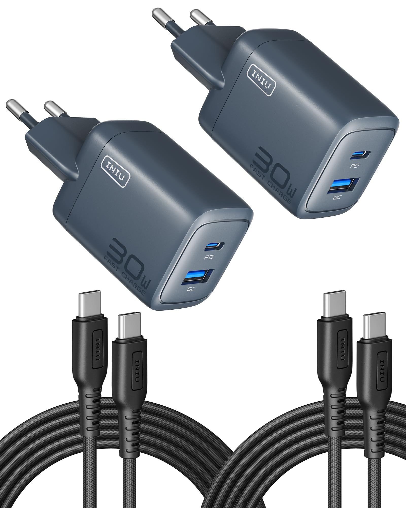 INIU 30 W USB C Charger Pack of 2, [USB-C + USB-A] Power Supply Multiple with USB-C Cable, PD 3.0 Fast Charger Plug, USB C Adapter for iPhone 16 15 Pro Max, iPad Pro, Samsung S24 Ultra, Mobile Phone