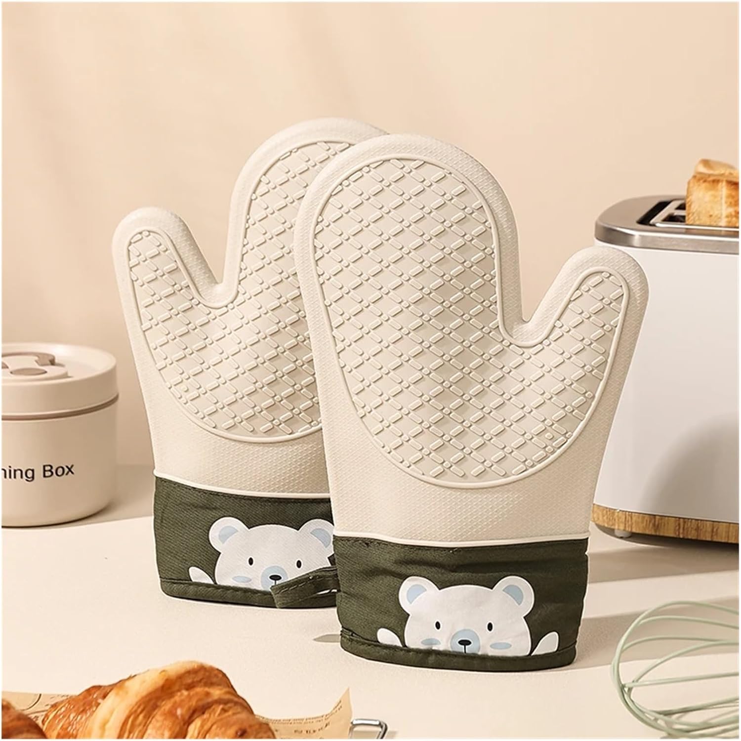 2Pcs Cute Printed Oven Silicone Gloves Anti-Scald Microwave Gloves Heat Resistant Kitchen Baking Pans Baking Tools(2Pcs Grey 2)