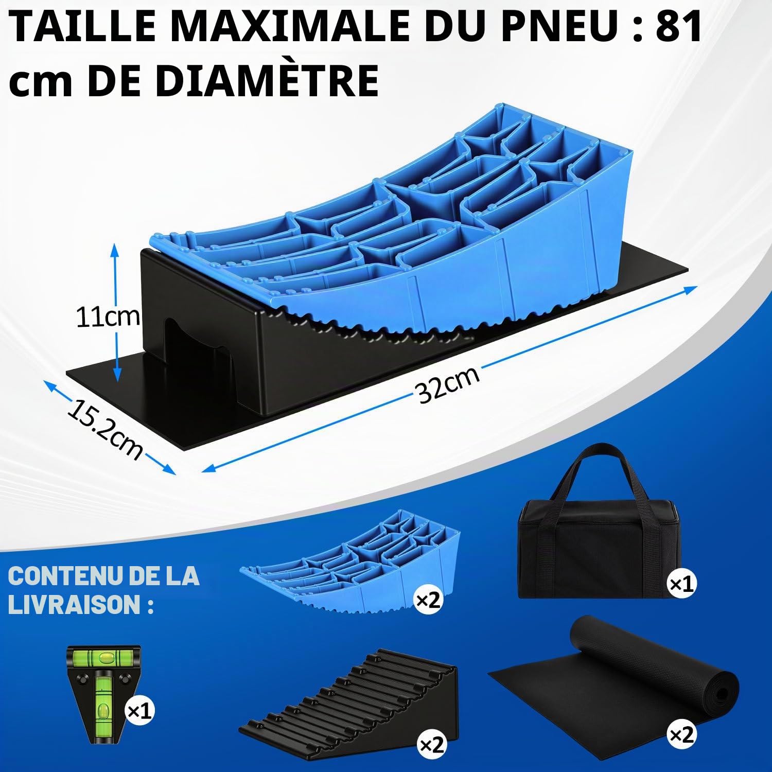 Lot de 2 cales de levage pour camping-car 13,5 t - 8 niveaux de compensation de hauteur de 2 à 10 cm - Double système antidérapant en polyéthylène haute densité - Avec tapis en caoutchouc et niveau à