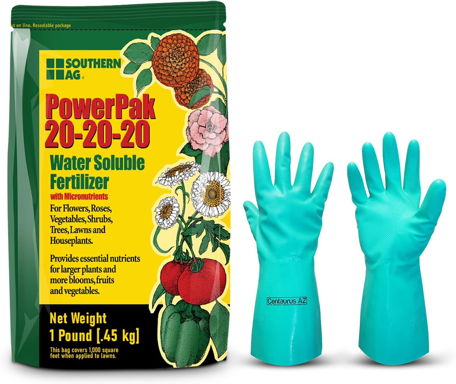 Effective Outdoor & Houseplant Food - Southern Ag 20-20-20 Powerpak Fertilizer - 1lbs - Water Soluble Indoor Plant Food & Plant Fertilizer Outdoor - Comes with Premium Quality Centaurus AZ Gloves
