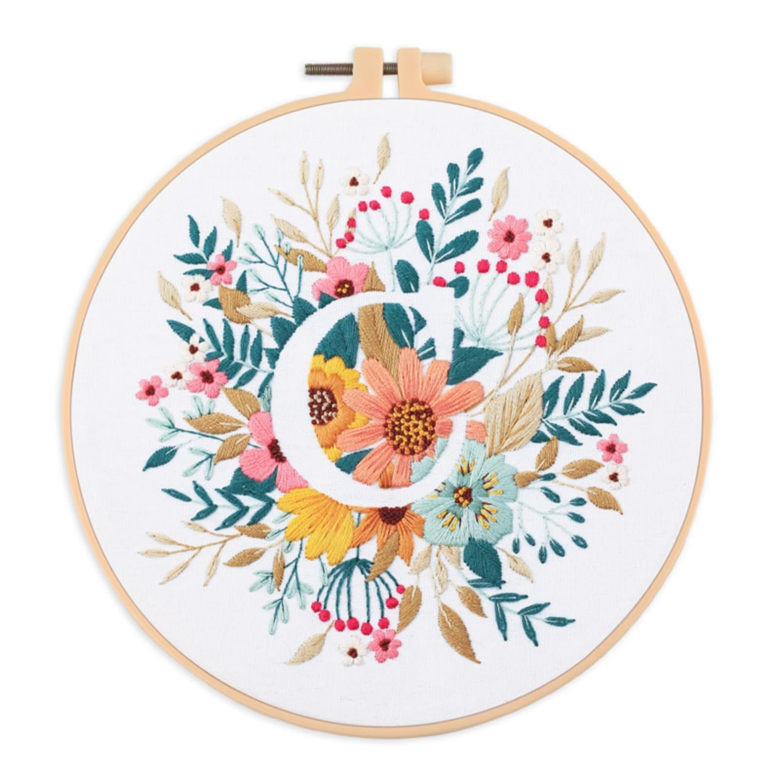 IUHUI Embroidery Kit for Beginners Adults - 26 Floral Letters Easy Patterns, DIY Hand Stitching Embroidery Set with Hoop (Flower and Grass Letter C)
